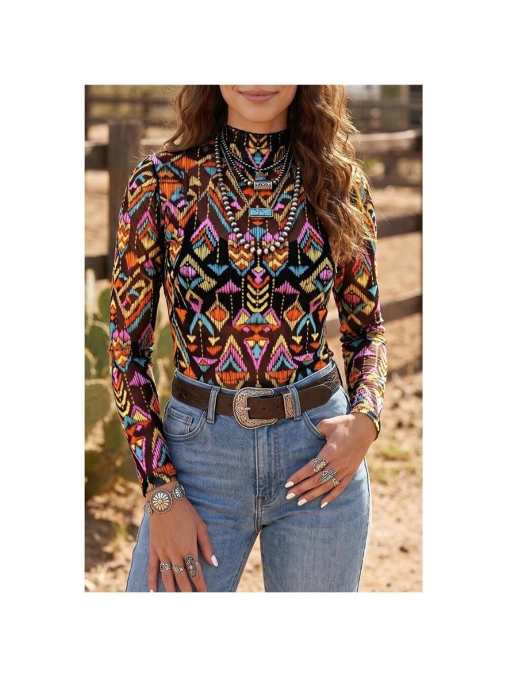 Abstract Print Long Sleeve Stand Neck Mesh Top